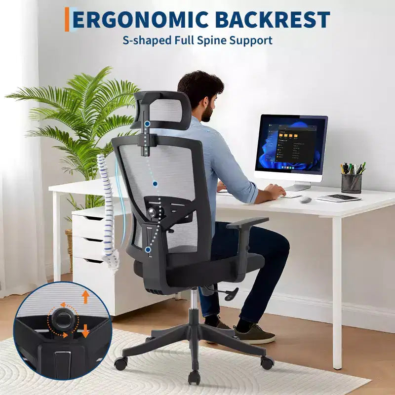 Silla de oficina ergonómica de respaldo alto, soporte lumbar y reposacabezas ajustables, silla giratoria con reposabrazos abatibles, silla de escritorio de malla mecedora ajustable en altura