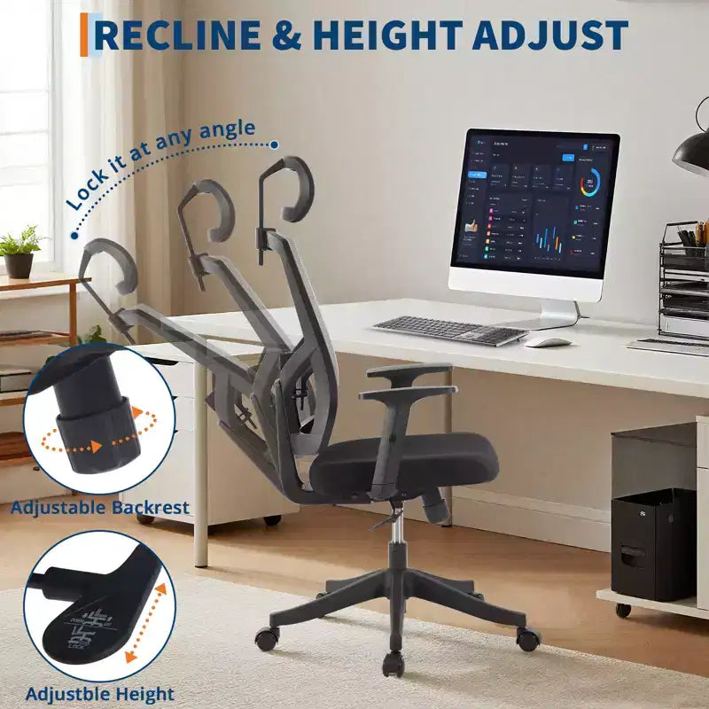 Silla de oficina ergonómica de respaldo alto, soporte lumbar y reposacabezas ajustables, silla giratoria con reposabrazos abatibles, silla de escritorio de malla mecedora ajustable en altura