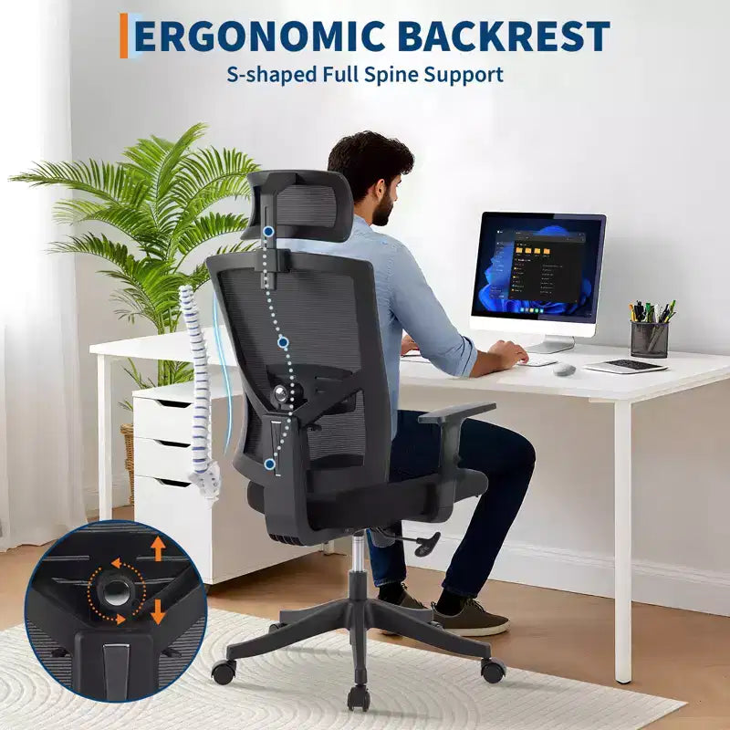 Silla de oficina ergonómica de respaldo alto, soporte lumbar y reposacabezas ajustables, silla giratoria con reposabrazos abatibles, silla de escritorio de malla mecedora ajustable en altura