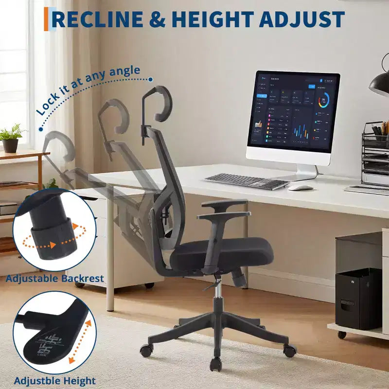 Silla de oficina ergonómica de respaldo alto, soporte lumbar y reposacabezas ajustables, silla giratoria con reposabrazos abatibles, silla de escritorio de malla mecedora ajustable en altura