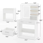 Tocador con espejo, tocador de maquillaje con 2 cajones y estantes de almacenamiento abiertos, gabinete, mesa de tocador de dormitorio con silla