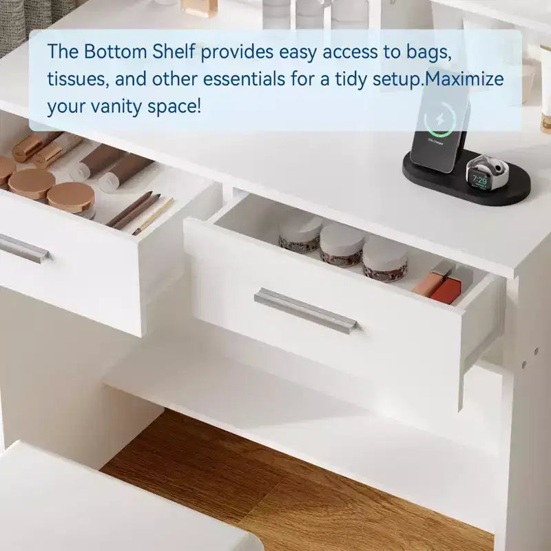 Tocador con espejo, tocador de maquillaje con 2 cajones y estantes de almacenamiento abiertos, gabinete, mesa de tocador de dormitorio con silla