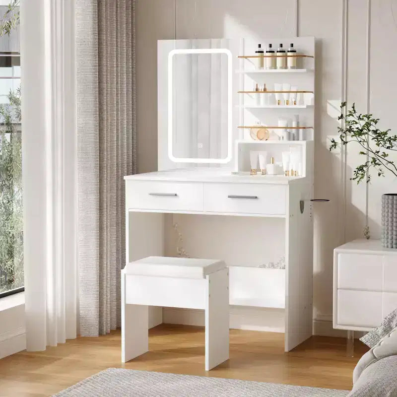 Tocador con espejo, tocador de maquillaje con 2 cajones y estantes de almacenamiento abiertos, gabinete, mesa de tocador de dormitorio con silla