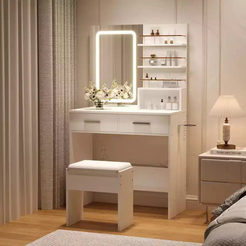 Tocador con espejo, tocador de maquillaje con 2 cajones y estantes de almacenamiento abiertos, gabinete, mesa de tocador de dormitorio con silla