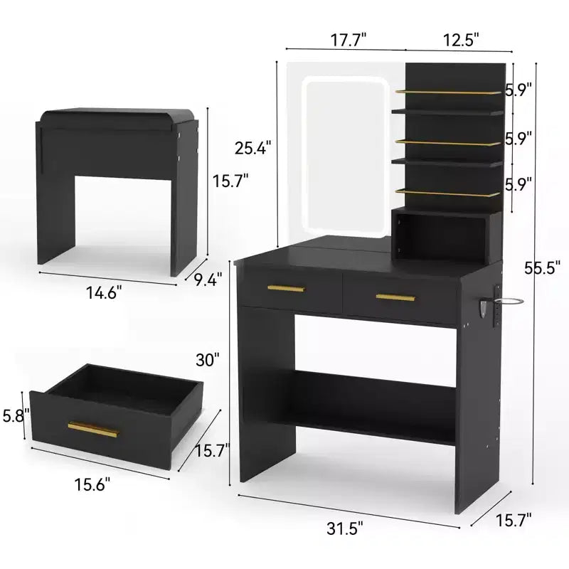 Tocador con espejo, tocador de maquillaje con 2 cajones y estantes de almacenamiento abiertos, gabinete, mesa de tocador de dormitorio con silla