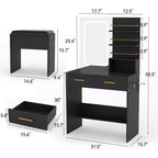 Tocador con espejo, tocador de maquillaje con 2 cajones y estantes de almacenamiento abiertos, gabinete, mesa de tocador de dormitorio con silla