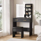 Tocador con espejo, tocador de maquillaje con 2 cajones y estantes de almacenamiento abiertos, gabinete, mesa de tocador de dormitorio con silla