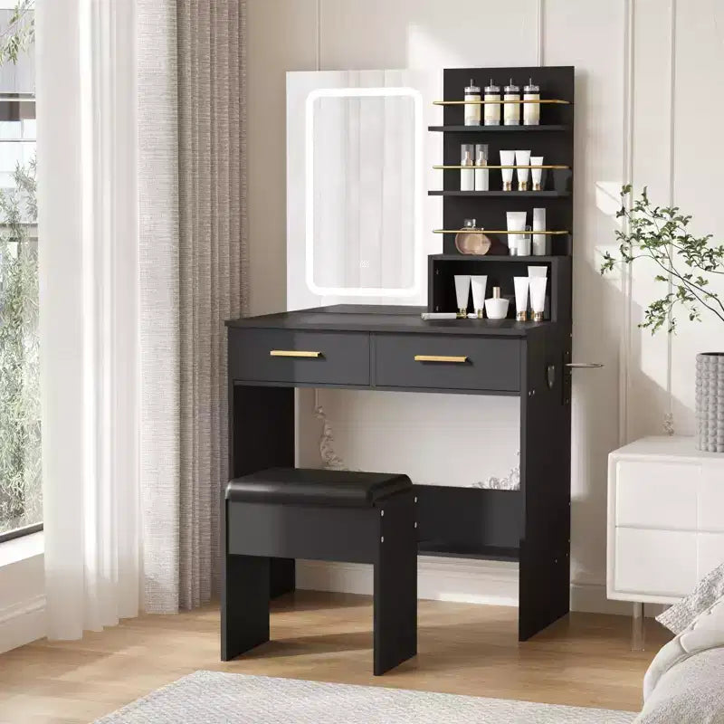 Tocador con espejo, tocador de maquillaje con 2 cajones y estantes de almacenamiento abiertos, gabinete, mesa de tocador de dormitorio con silla