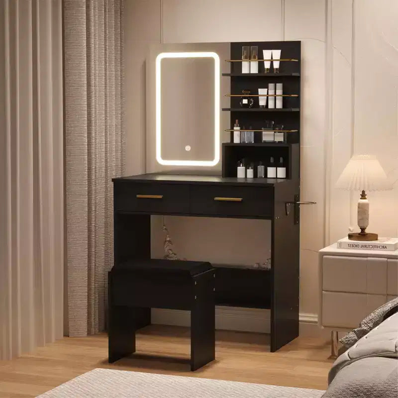 Tocador con espejo, tocador de maquillaje con 2 cajones y estantes de almacenamiento abiertos, gabinete, mesa de tocador de dormitorio con silla
