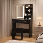 Tocador con espejo, tocador de maquillaje con 2 cajones y estantes de almacenamiento abiertos, gabinete, mesa de tocador de dormitorio con silla