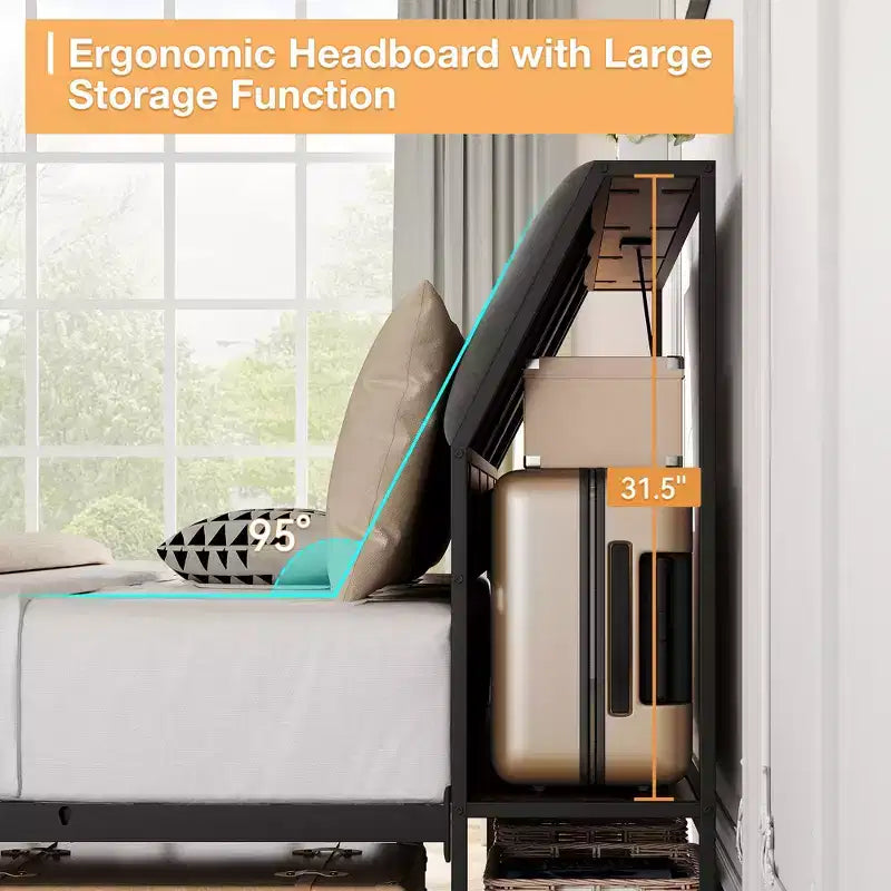 Base de cama de plataforma de tamaño completo con cabecero tapizado ergonómico, plataforma de metal, sin ruido, no requiere somier