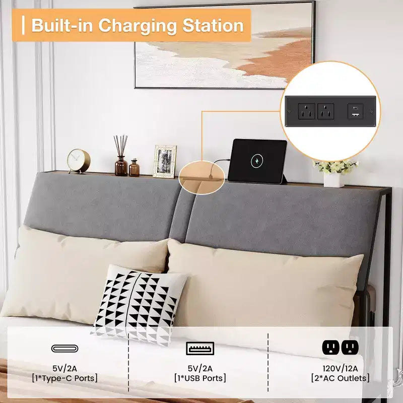 Base de cama de plataforma de tamaño completo con cabecero tapizado ergonómico, plataforma de metal, sin ruido, no requiere somier
