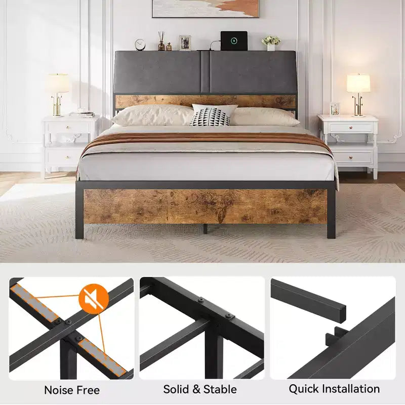 Base de cama de plataforma de tamaño completo con cabecero tapizado ergonómico, plataforma de metal, sin ruido, no requiere somier