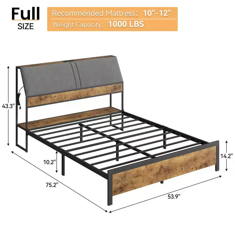 Base de cama de plataforma de tamaño completo con cabecero tapizado ergonómico, plataforma de metal, sin ruido, no requiere somier