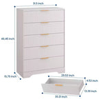 Cómoda de 5 cajones estriada para dormitorio, cómoda moderna de 119 cm de alto con tiradores de metal dorado, cómoda de madera para armario, pasillo, entrada