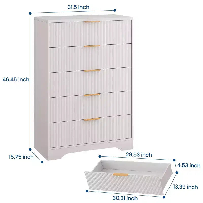 Cómoda de 5 cajones estriada para dormitorio, cómoda moderna de 119 cm de alto con tiradores de metal dorado, cómoda de madera para armario, pasillo, entrada