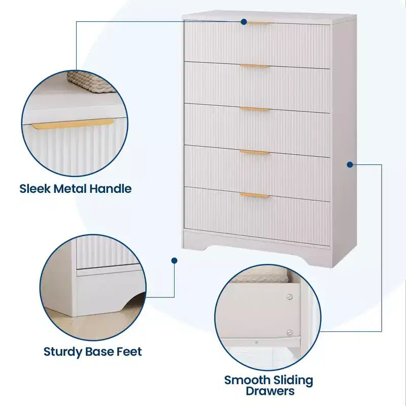 Cómoda de 5 cajones estriada para dormitorio, cómoda moderna de 119 cm de alto con tiradores de metal dorado, cómoda de madera para armario, pasillo, entrada