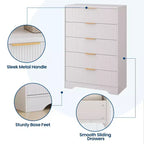 Cómoda de 5 cajones estriada para dormitorio, cómoda moderna de 119 cm de alto con tiradores de metal dorado, cómoda de madera para armario, pasillo, entrada