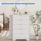 Cómoda de 5 cajones estriada para dormitorio, cómoda moderna de 119 cm de alto con tiradores de metal dorado, cómoda de madera para armario, pasillo, entrada