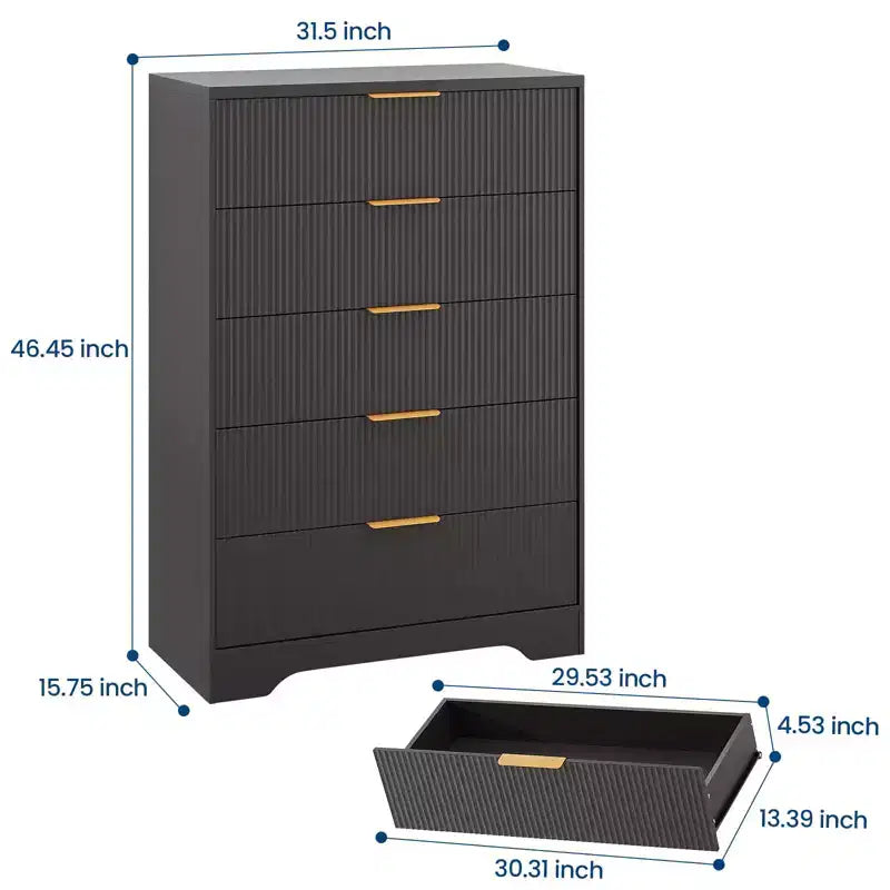 Cómoda de 5 cajones estriada para dormitorio, cómoda moderna de 119 cm de alto con tiradores de metal dorado, cómoda de madera para armario, pasillo, entrada