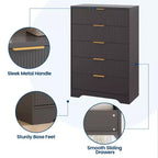 Cómoda de 5 cajones estriada para dormitorio, cómoda moderna de 119 cm de alto con tiradores de metal dorado, cómoda de madera para armario, pasillo, entrada