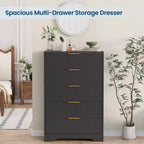 Cómoda de 5 cajones estriada para dormitorio, cómoda moderna de 119 cm de alto con tiradores de metal dorado, cómoda de madera para armario, pasillo, entrada