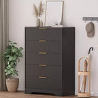 Cómoda de 5 cajones estriada para dormitorio, cómoda moderna de 119 cm de alto con tiradores de metal dorado, cómoda de madera para armario, pasillo, entrada