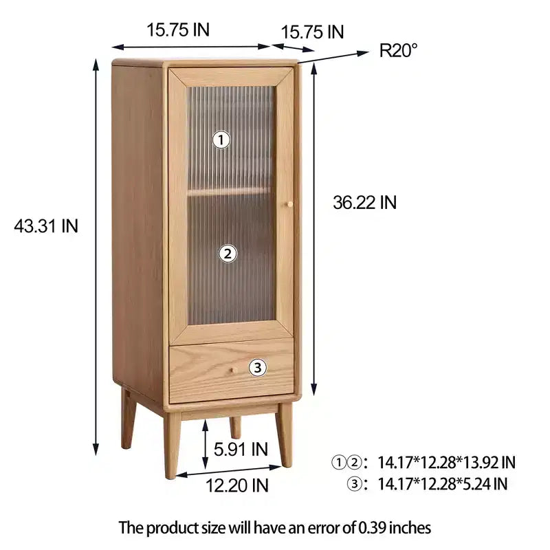 GDFStudio Ren Modern 16 Gabinete de Almacenamiento de Madera de Roble con Puerta de Vidrio y Tirador de Latón