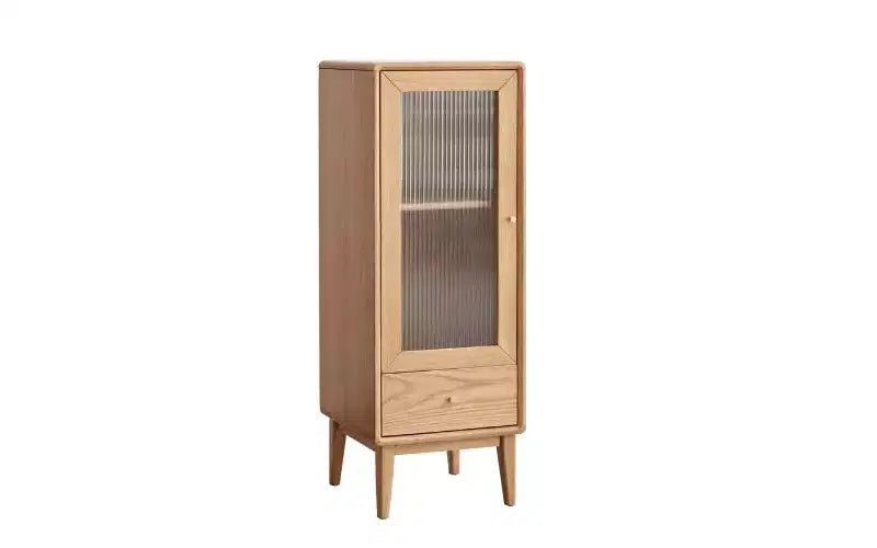 GDFStudio Ren Modern 16 Gabinete de Almacenamiento de Madera de Roble con Puerta de Vidrio y Tirador de Latón