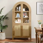 MAYEERTY 63 Tall Arched Storage Cabinets Wood Storage Cabinets with Glass Rattan Door Adjustable Shelf for Living Room Dining Room Natural