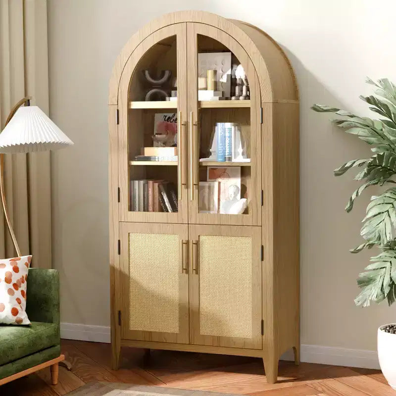 MAYEERTY Gabinetes de Almacenamiento Altos Arqueados de 63 Pulgadas, Gabinetes de Almacenamiento de Madera con Puerta de Vidrio y Ratán, Estante Ajustable para Sala de Estar, Comedor, Natural