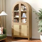 MAYEERTY Gabinetes de Almacenamiento Altos Arqueados de 63 Pulgadas, Gabinetes de Almacenamiento de Madera con Puerta de Vidrio y Ratán, Estante Ajustable para Sala de Estar, Comedor, Natural