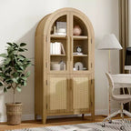 MAYEERTY Gabinetes de Almacenamiento Altos Arqueados de 63 Pulgadas, Gabinetes de Almacenamiento de Madera con Puerta de Vidrio y Ratán, Estante Ajustable para Sala de Estar, Comedor, Natural