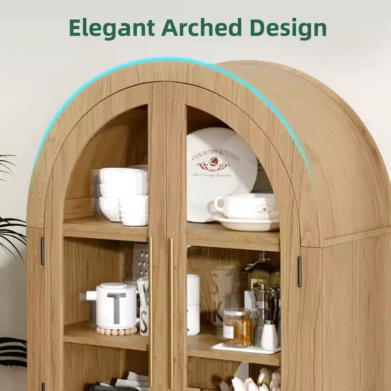 MAYEERTY Gabinetes de Almacenamiento Altos Arqueados de 63 Pulgadas, Gabinetes de Almacenamiento de Madera con Puerta de Vidrio y Ratán, Estante Ajustable para Sala de Estar, Comedor, Natural