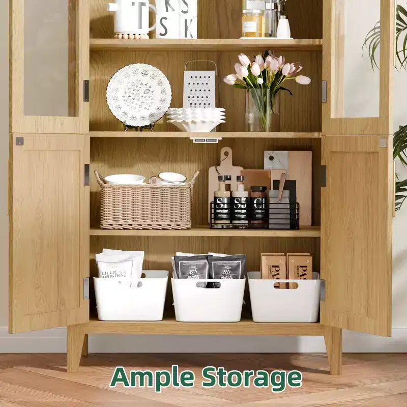MAYEERTY Gabinetes de Almacenamiento Altos Arqueados de 63 Pulgadas, Gabinetes de Almacenamiento de Madera con Puerta de Vidrio y Ratán, Estante Ajustable para Sala de Estar, Comedor, Natural