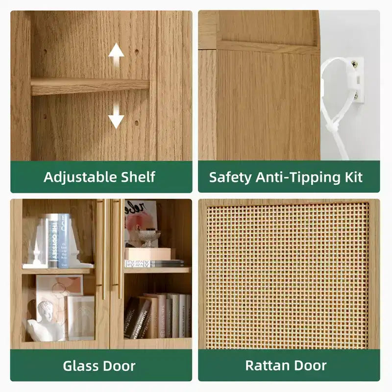 MAYEERTY Gabinetes de Almacenamiento Altos Arqueados de 63 Pulgadas, Gabinetes de Almacenamiento de Madera con Puerta de Vidrio y Ratán, Estante Ajustable para Sala de Estar, Comedor, Natural
