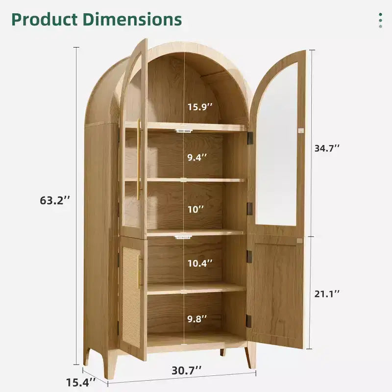 MAYEERTY Gabinetes de Almacenamiento Altos Arqueados de 63 Pulgadas, Gabinetes de Almacenamiento de Madera con Puerta de Vidrio y Ratán, Estante Ajustable para Sala de Estar, Comedor, Natural