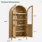 MAYEERTY Gabinetes de Almacenamiento Altos Arqueados de 63 Pulgadas, Gabinetes de Almacenamiento de Madera con Puerta de Vidrio y Ratán, Estante Ajustable para Sala de Estar, Comedor, Natural
