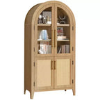 MAYEERTY Gabinetes de Almacenamiento Altos Arqueados de 63 Pulgadas, Gabinetes de Almacenamiento de Madera con Puerta de Vidrio y Ratán, Estante Ajustable para Sala de Estar, Comedor, Natural