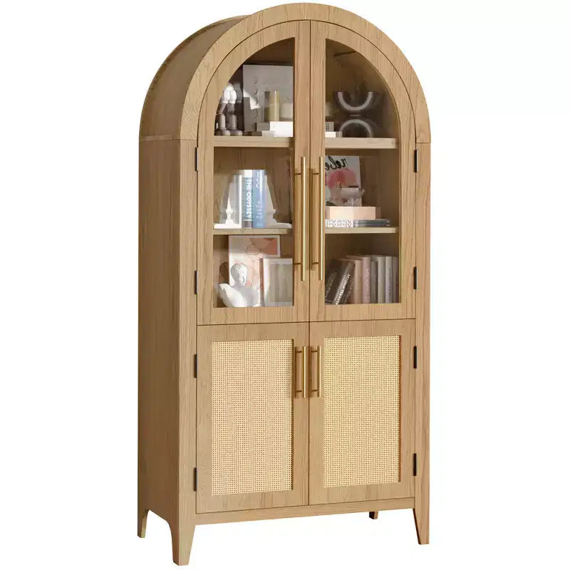 MAYEERTY Gabinetes de Almacenamiento Altos Arqueados de 63 Pulgadas, Gabinetes de Almacenamiento de Madera con Puerta de Vidrio y Ratán, Estante Ajustable para Sala de Estar, Comedor, Natural