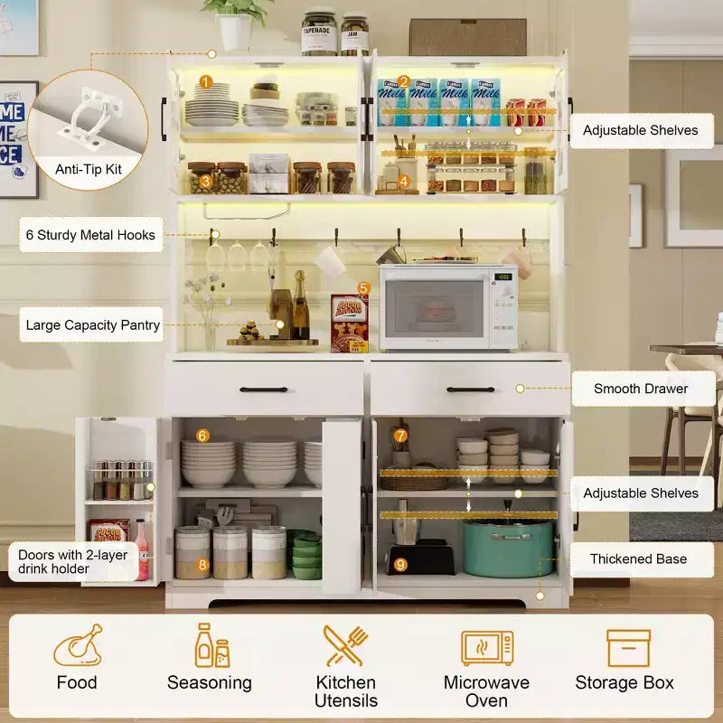 Mueble de despensa de cocina MUUEGM con luces inteligentes Bluetooth RGB y estantes de almacenamiento en la puerta, aparador de barra de café de 180.34 cm de alto con tomacorriente