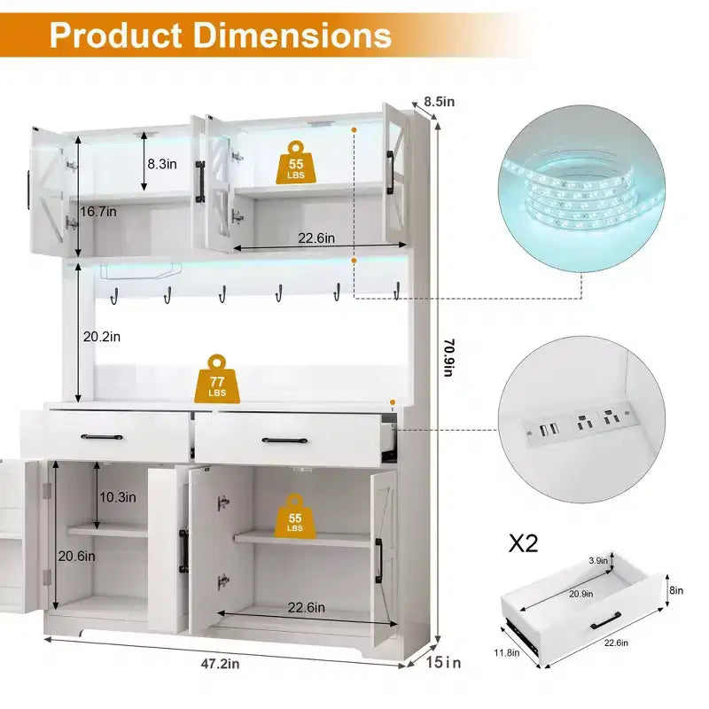 Mueble de despensa de cocina MUUEGM con luces inteligentes Bluetooth RGB y estantes de almacenamiento en la puerta, aparador de barra de café de 180.34 cm de alto con tomacorriente