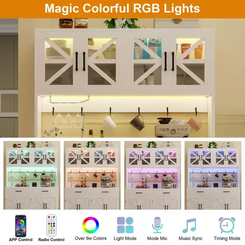 Mueble de despensa de cocina MUUEGM con luces inteligentes Bluetooth RGB y estantes de almacenamiento en la puerta, aparador de barra de café de 180.34 cm de alto con tomacorriente
