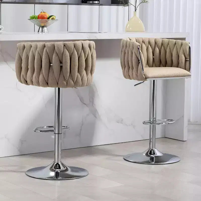 Juego de 2 taburetes de bar giratorios de terciopelo de lujo Okak, sillas de bar ajustables a la altura de la encimera con respaldo tejido y reposapiés para isla de cocina, cafetería, pub