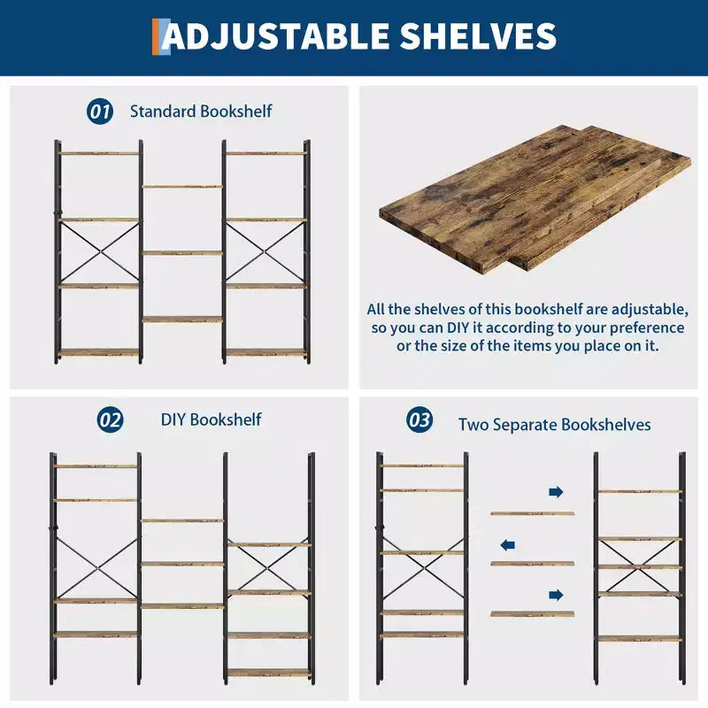 Estantería industrial triple ancha de 4 niveles - Marrón rústico y estructura negra de 62.2, 11 estantes de exhibición ajustables para sala de estar, hogar, oficina