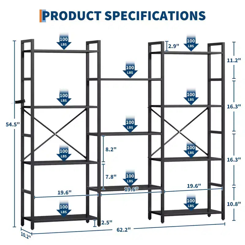 Estantería industrial triple ancha de 4 niveles - Marrón rústico y estructura negra de 62.2, 11 estantes de exhibición ajustables para sala de estar, hogar, oficina