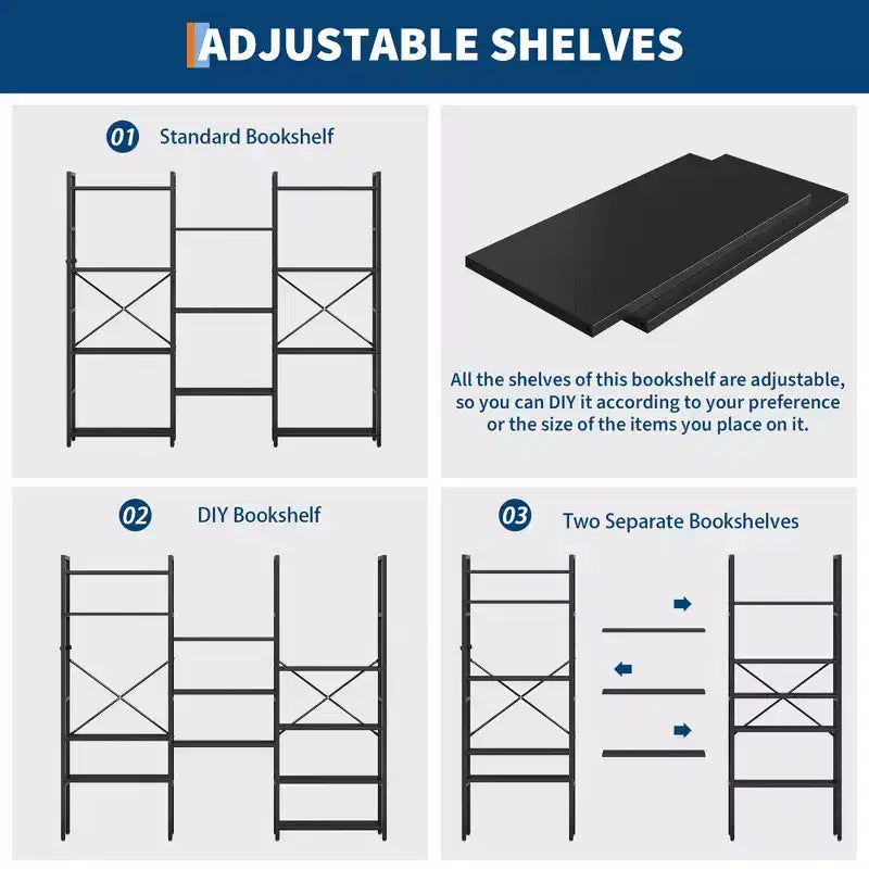 Estantería industrial triple ancha de 4 niveles - Marrón rústico y estructura negra de 62.2, 11 estantes de exhibición ajustables para sala de estar, hogar, oficina