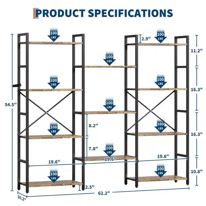 Estantería industrial triple ancha de 4 niveles - Marrón rústico y estructura negra de 62.2, 11 estantes de exhibición ajustables para sala de estar, hogar, oficina