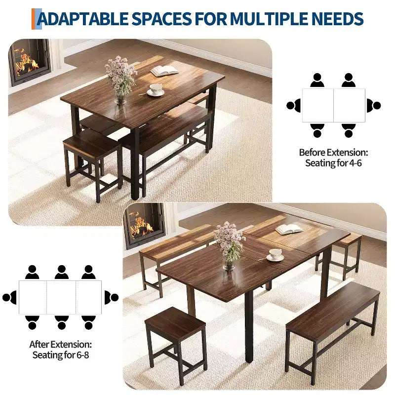 Juego de comedor extensible de 5 piezas para 4-8 personas, 2 bancos y 2 taburetes, juego de muebles de comedor modernos, fácil montaje