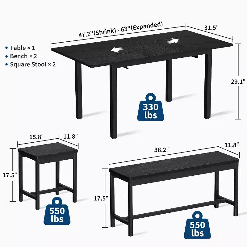 Juego de comedor extensible de 5 piezas para 4-8 personas, 2 bancos y 2 taburetes, juego de muebles de comedor modernos, fácil montaje